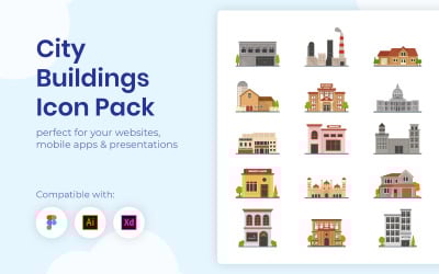 Platt vektor uppsättning byggnader ikon