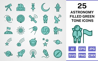 25 Astronomy Filled Green Tone Icon Set