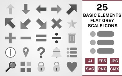25 Basic Elements Flat Greyscale Icon Set