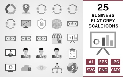 25 бізнес плоских градацій сірого набір іконок