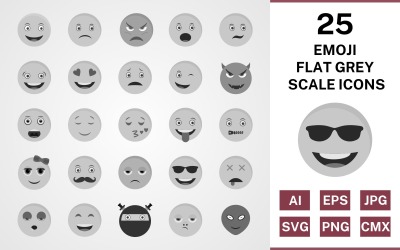 Conjunto de ícones de 25 emojis planos em escala de cinza