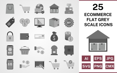 25 Conjunto de iconos de escala de grises plana de comercio electrónico