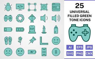 25 Conjunto de iconos de tono verde relleno universal