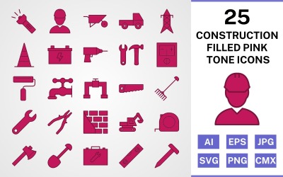 25 Construction Filled Pink Tone Icon Set