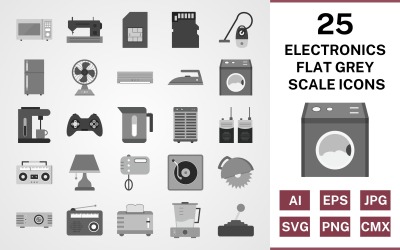 25 dispositivi elettronici piatto in scala di grigi Icon Set
