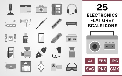 25 dispositivi elettronici piatto in scala di grigi Icon Set