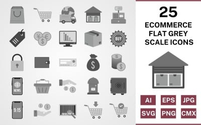 25 E-Commerce Flat Greyscale Icon Set