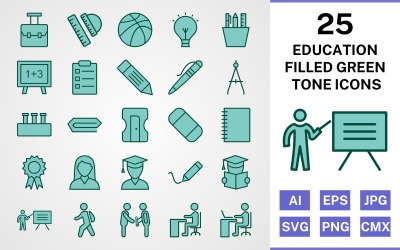 25 Education Filled Green Tone Icon Set