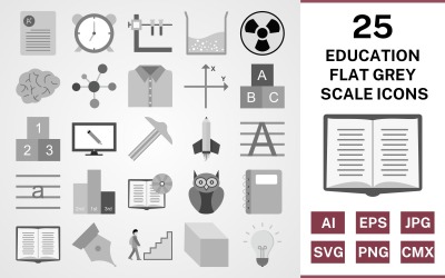 25 Education Flat Greyscale Icon Set
