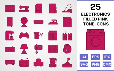 25 elektronikus eszközzel töltött rózsaszínű ikon készlet