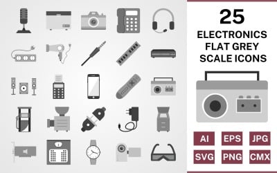 25 elektroniska enheter platt gråskala Ikonuppsättning
