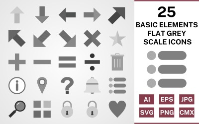 25 elementi di base piatto in scala di grigi Icon Set