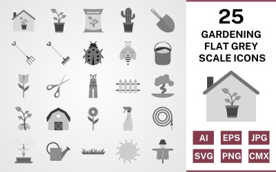 25 Flaches Graustufen-Icon-Set für die Gartenarbeit