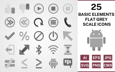 25 Grundelemente Flaches Graustufen-Symbolset