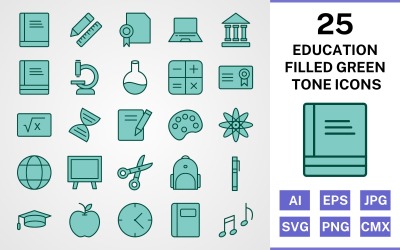 25 Education Filled Green Tone Icon Set