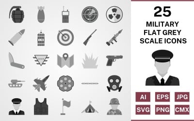 25 Military Flat Greyscale Icon Set