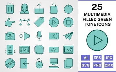 25 Multimedia Filled Green Tone Icon Set