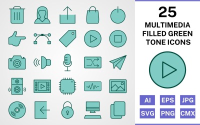 Icon-Sammlungen Vorlage namens "25 Multimedia Filled Green Tone" #121777
