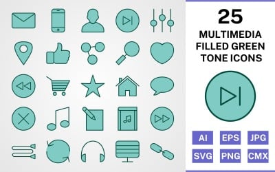 25 Multimedia Filled Green Tone Icon Set