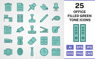 25 Office Filled Green Tone Icon Set