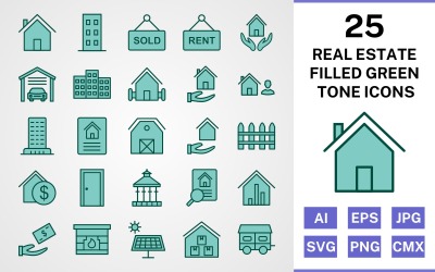 25 Real Estate Filled Green Tone Icon Set