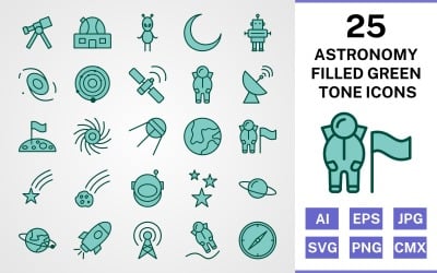 25 Set di icone di tono verde riempito di astronomia