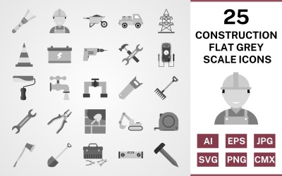 25 Set di icone piane in scala di grigi di costruzione