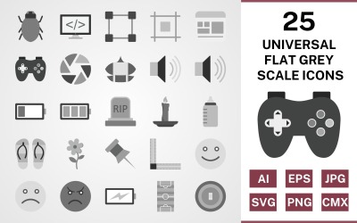 25 set di icone universali in scala di grigi piatta