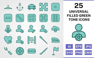 25 Universal Filled Green Tone Icon Set