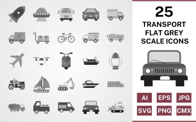 25 Conjunto de ícones de escala de cinza plana de transporte