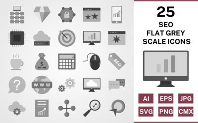 25 Set di icone piatte in scala di grigi Seo