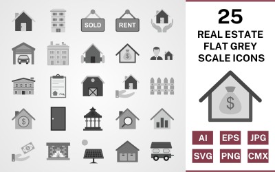 25 Real Estate Flat Greyscale Icon Set