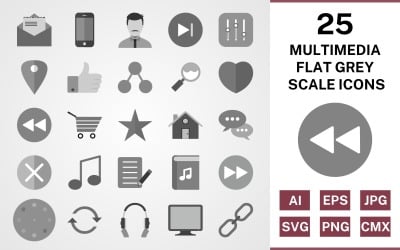 25 set di icone in scala di grigi piatto multimediale