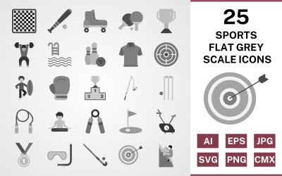 25 Sports And Games Flat Greyscale Icon Set