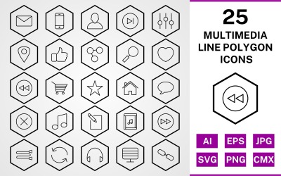 25 Multimedya Çizgi Çokgen Simge Seti