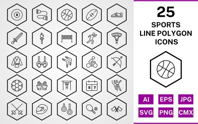25 Sports And Games Line Polygon Icon Set