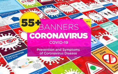 55 Prevence bannerů a příznaky koronavirové choroby Šablona návrhu - vektorový obrázek