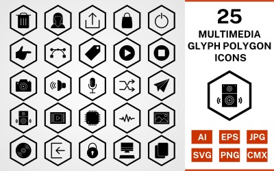 25 jeu d&amp;#39;icônes de polygone de glyphe multimédia