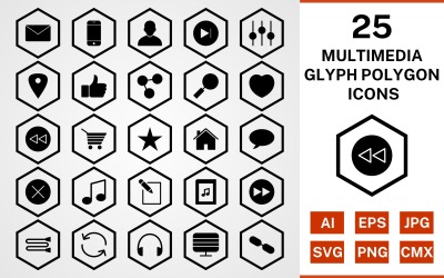 25 Multimedialny zestaw ikon wielokątów glifów