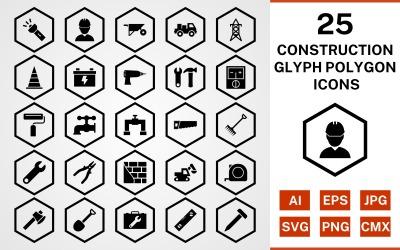 25 Conjunto de ícones de polígono de glifo de construção