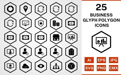 Conjunto de iconos de polígono de glifo de 25 negocios