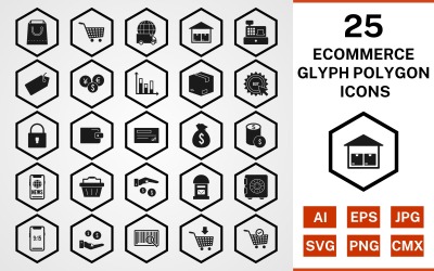 25 conjunto de iconos de polígono de glifo de comercio electrónico