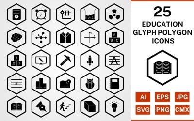 25 Education Glyph Polygon Icon Set