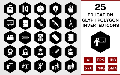 25 Education Glyph Polygon Inverted Icon Set