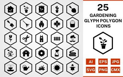 25 Gardening Glyph Polygon Icon Set