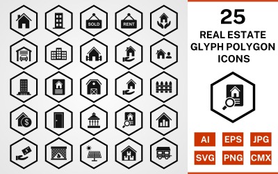 25 Real Estate Glyph Polygon Icon Set