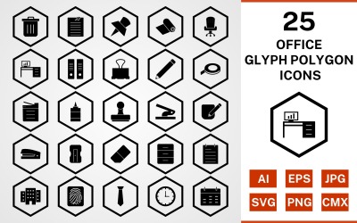 25 set di icone del poligono del glifo per ufficio