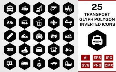 25 Transport Glyph Polygon Inverted Icon Set