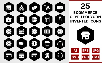25 Conjunto de ícones invertidos de Glyph Polygon de comércio eletrônico
