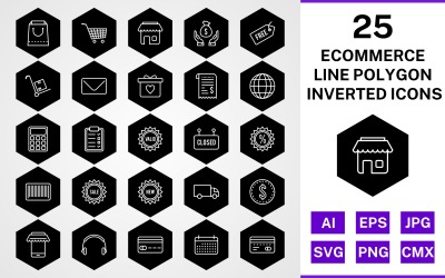 25 Conjunto de ícones invertidos de polígono de linha de comércio eletrônico